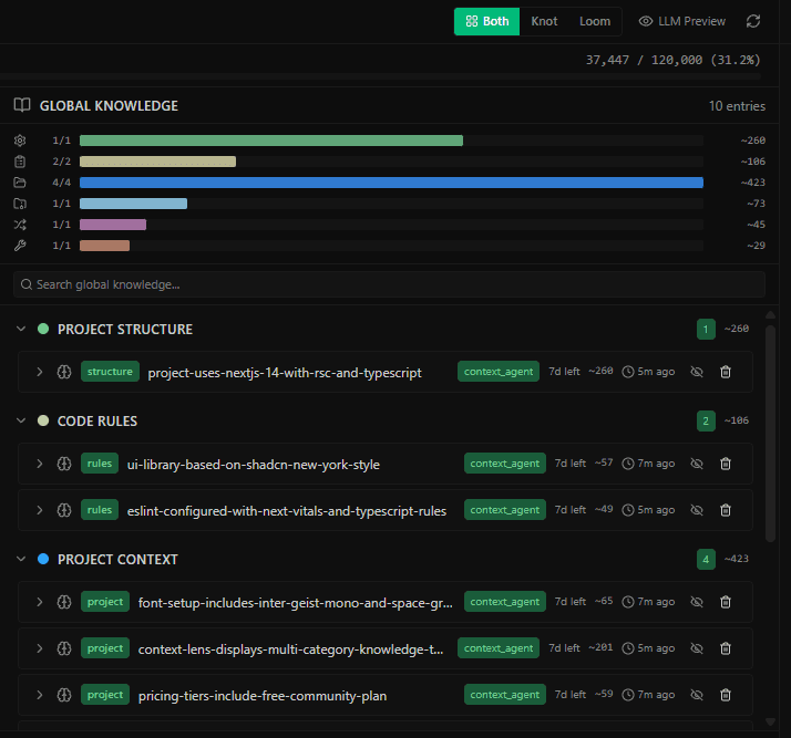 Knotic Context Lens showing global knowledge, project structure, code rules, and token budget review.