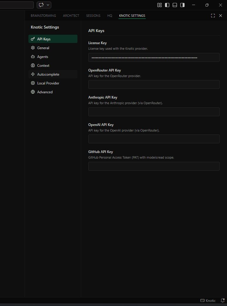 Knotic Settings screen showing the license key input field