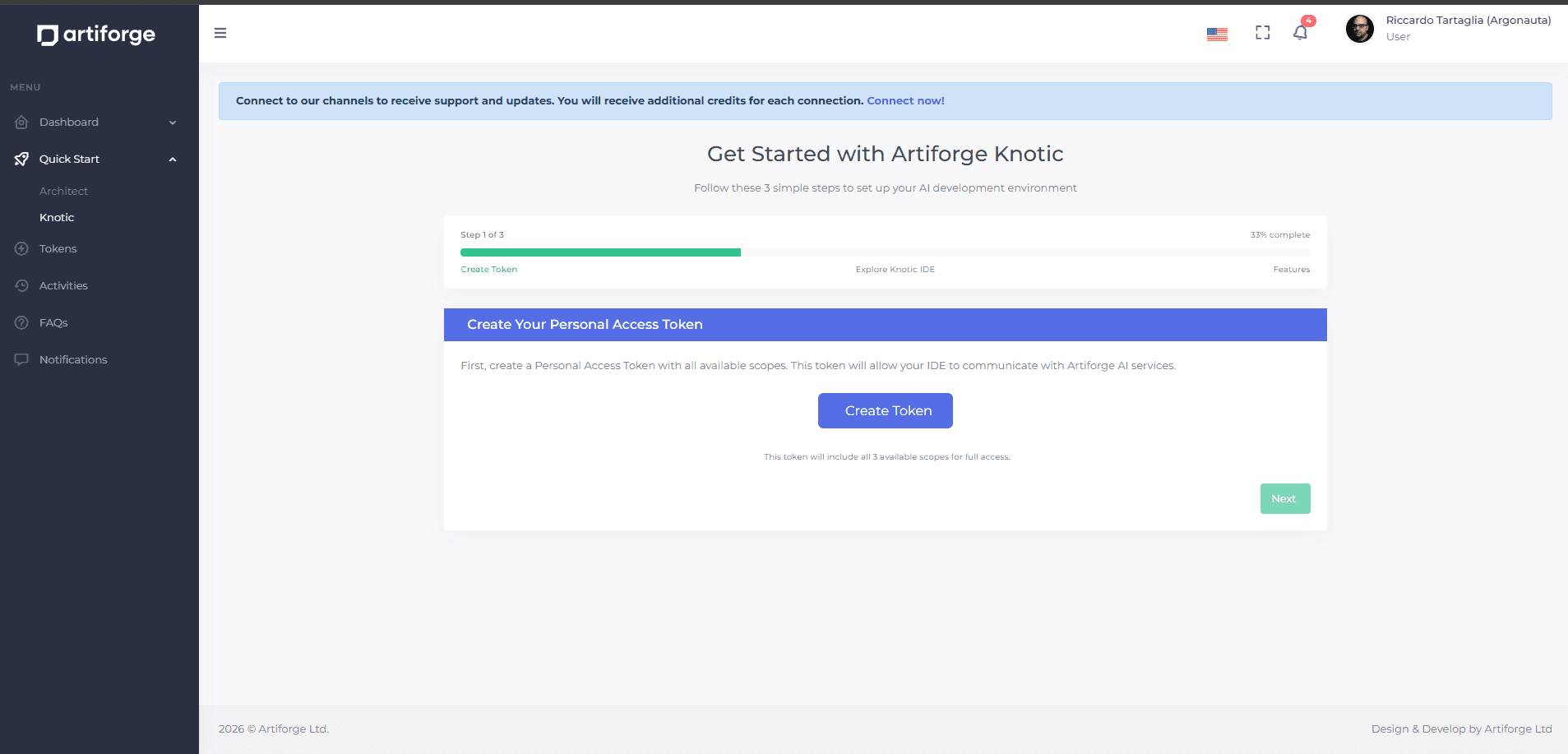 Artiforge quickstart screen showing the Knotic token creation flow