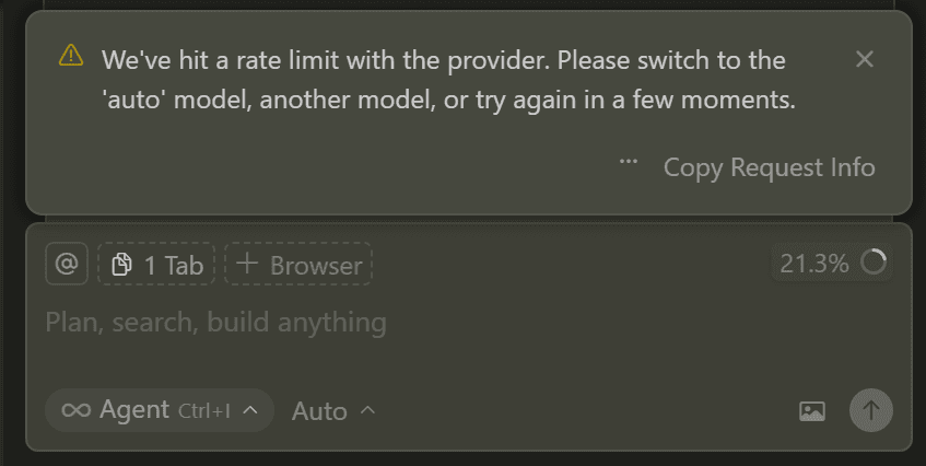 Cursor rate limit dialog showing premium requests exhausted and slow mode enabled